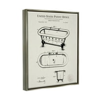 Vintage kupaonska kada, shema kupaonice, grafička umjetnost, sjajno sivo platno s plutajućim okvirom, zidni tisak,