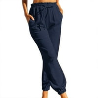 Ženske hlače ženske elastične struke čvrste udobne pamučne lanene hlače s džepovima mornarice xl