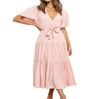 Franhais Women Ljetna haljina s pojasom s strukom, obična kratka rukava s rušenjem V-izreza, lagana haljina, dame