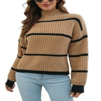 Cindysus žene labave rastezanje pulover dame casual džemper vrhovi Turtleneck chic prugasti topli džemper kaki