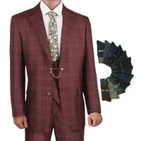Luksuzno muško provjereno odijelo od 3 komada, blejzer, prsluk i hlače s parom čarapa-bordo 54 inča