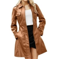 Oieyuz kožna jakna dužine ženske dužine tanko rever s dugim rukavima s džepovima u trendujskoj solidnoj boji