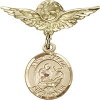 Zlatno ispunjena dječja značka s šarmom St. Jason i Angel W Wings Wing