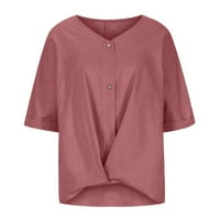 Lydiaunistar plus zazor veličine ženskog v-izreka dugi rukav labavi gumb pamuk i lanene tunike košulje ljetne