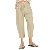 Hlače za žene pamučne lanene hlače hlače povremene čvrste boje elastični struk široke hlače za noge obrezane hlače