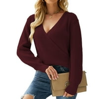 Ženski džemper s dubokim izrezom u obliku slova u, jednobojni casual pulover s rukavima slon, pleteni džemperi