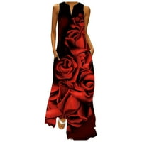 Haljine za žene V-izreck Long casual maxi tiskana ljetna haljina bez rukava crvena 3xl