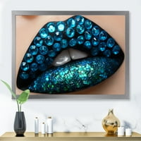 Dizajnerska umjetnost ženske usne s crnim ružem i plavim dijamantima uokvireni moderni umjetnički tisak
