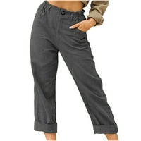 Pamučne lanene hlače za žene, plus elastična elastična čvrsta kaprisa, ležerna ravna nogu džepovi hlače