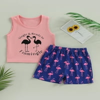 Lamuusaa Toddler Boys Ljetna odjeća sets ružičasta ruka bez rukava o vrat pismo + flamingo print kratke hlače