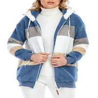 Ženski zimski kaput od runa casual colorblock plišana jakna s kapuljačama s patentnim zatvaračem kardigan