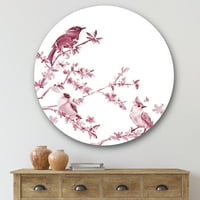 DesignArt 'prekrasne ružičaste ptice koje sjede na cvjetnim granama tradicionalni metalni zidni umjetnost kruga
